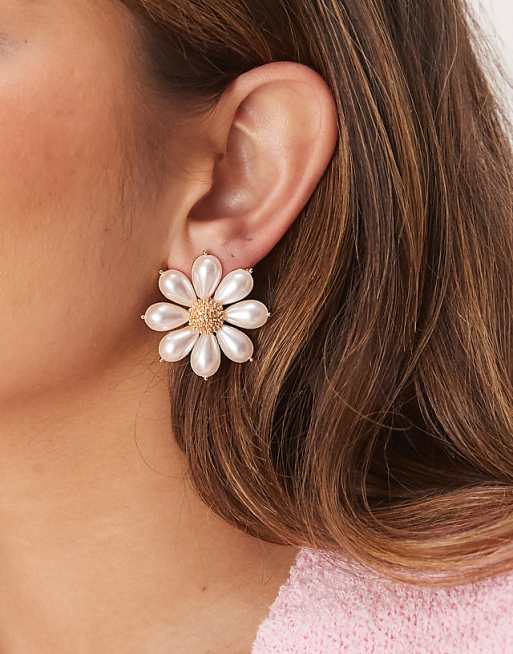ASOS DESIGN stud earrings in faux pearl flowers design