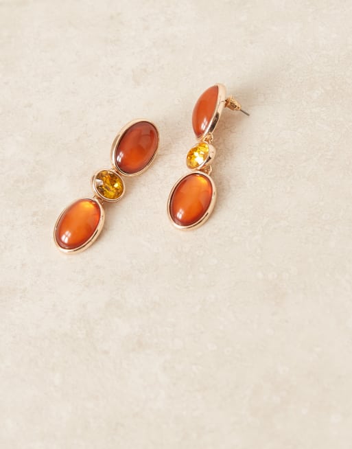 ASOS DESIGN Stud Earrings With Faux Stone-set Pendants In Amber Tones