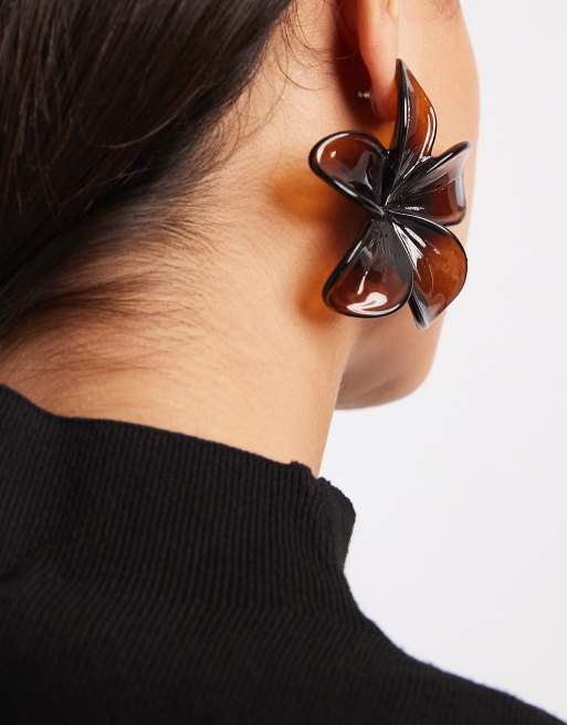 ASOS DESIGN Stud Earrings With Large Flower Design In Brown Acrylic
