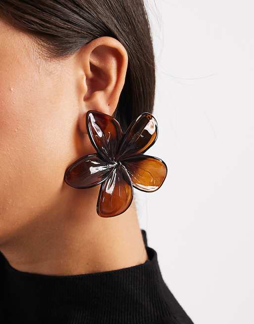 ASOS DESIGN stud earrings with large flower design in brown acrylic