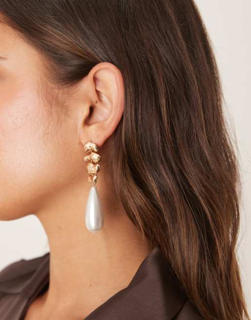 ASOS DESIGN Stud Earrings With Molten Drops And Faux Pearl Detail