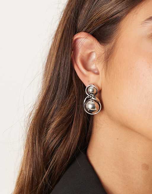 ASOS DESIGN stud earrings with spherical pendant drop in silver tone