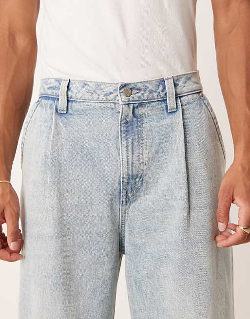 ASOS DESIGN Super Baggy Jeans With Front Pleats In Light Wash Blue