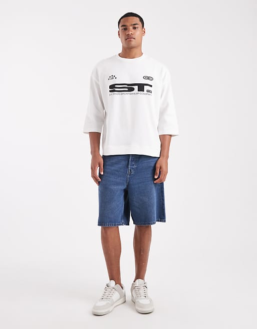 ASOS DESIGN Super Heavyweight Boxy Oversized Half Sleeve T-shirt With Sports Graphic In White