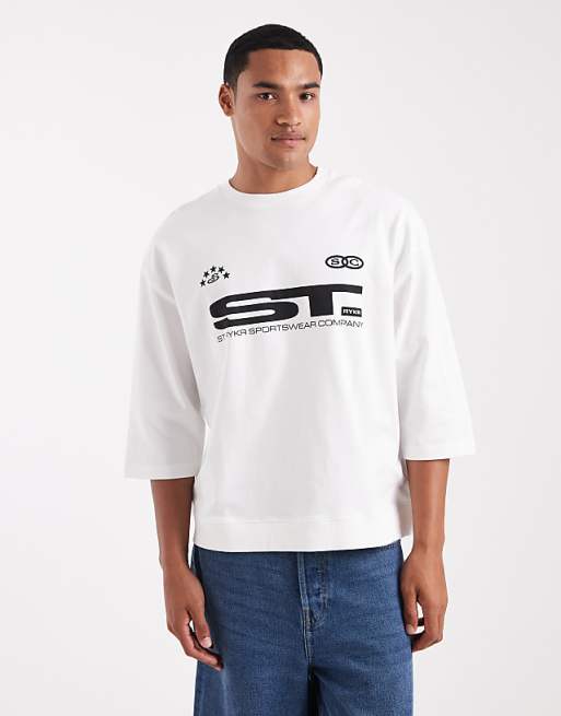 ASOS DESIGN super heavyweight boxy oversized half sleeve t-shirt with sports graphic in white