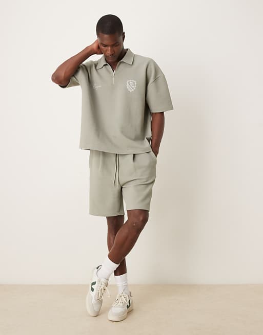 ASOS DESIGN Super Heavyweight Boxy Oversized Polo With Dropped Shoulder And Chest Embroidery In Khaki Texture