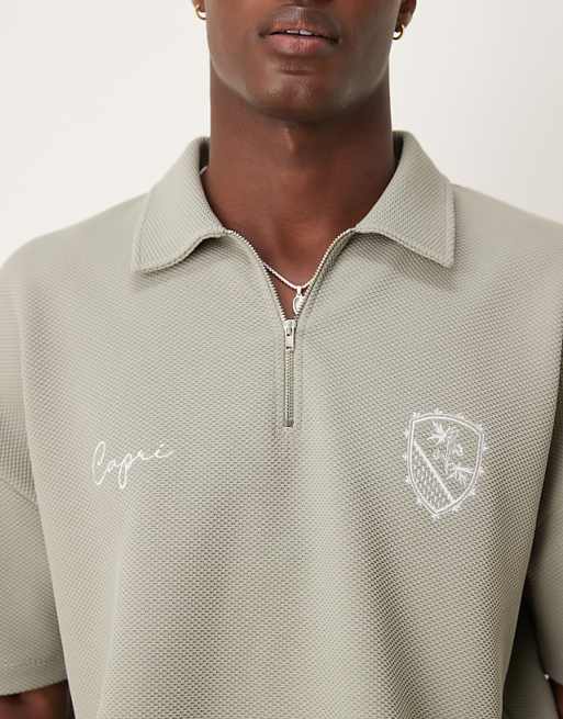 ASOS DESIGN Super Heavyweight Boxy Oversized Polo With Dropped Shoulder And Chest Embroidery In Khaki Texture