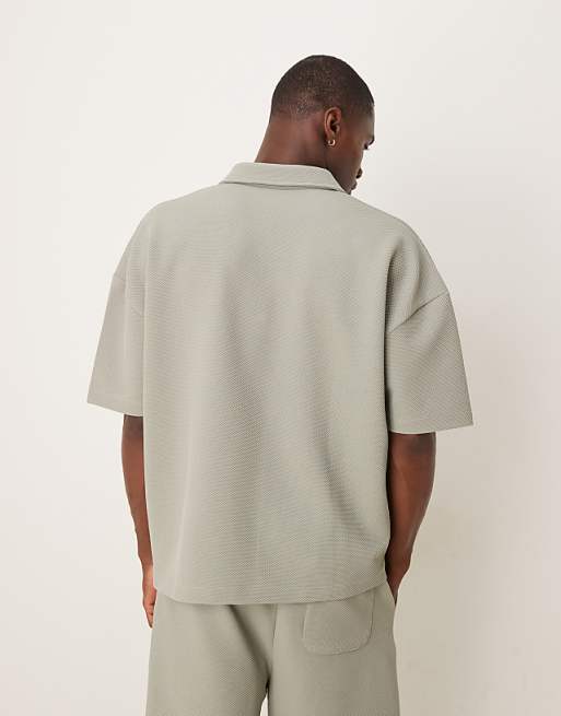 ASOS DESIGN Super Heavyweight Boxy Oversized Polo With Dropped Shoulder And Chest Embroidery In Khaki Texture
