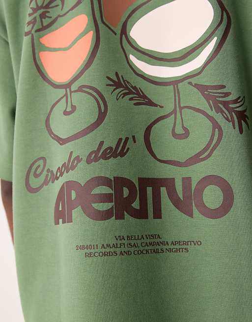 ASOS DESIGN Super Heavyweight Boxy Oversized T-shirt Ingreen With Drinks Graphic