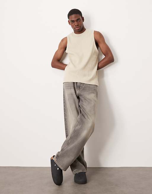 ASOS DESIGN Super Heavyweight Crew Neck Tank In Beige Rib