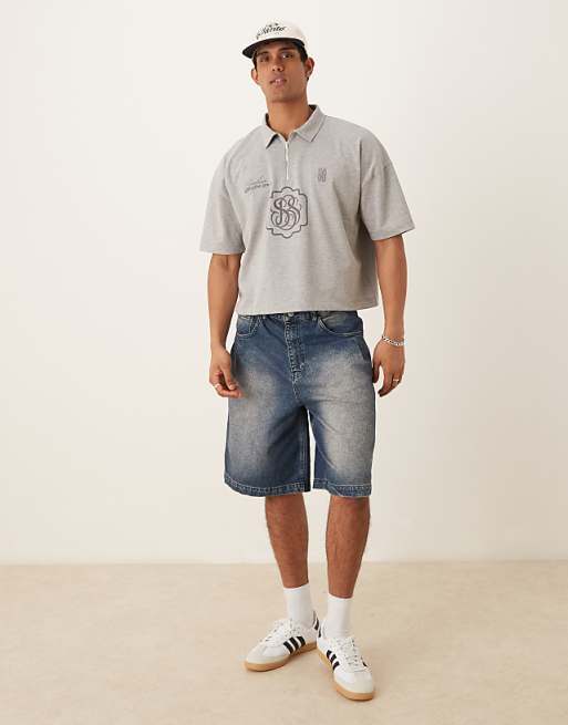 ASOS DESIGN Super Heavyweight Cropped Oversized Polo In Grey Marl With Logo Embroidery