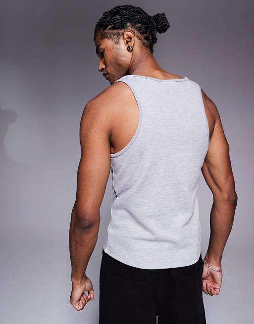 ASOS DESIGN Super Heavyweight Muscle Fit High Scoop Vestgrey Marl With Chest Logo Embroidery