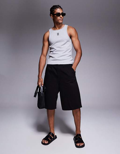 ASOS DESIGN Super Heavyweight Muscle Fit High Scoop Vestgrey Marl With Chest Logo Embroidery