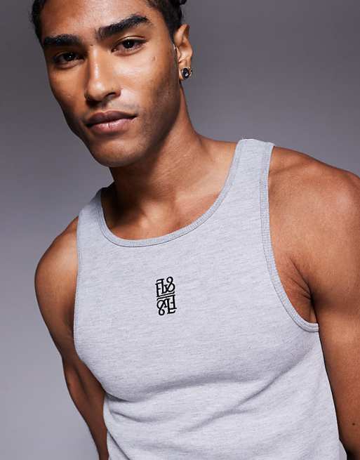 ASOS DESIGN Super Heavyweight Muscle Fit High Scoop Vestgrey Marl With Chest Logo Embroidery