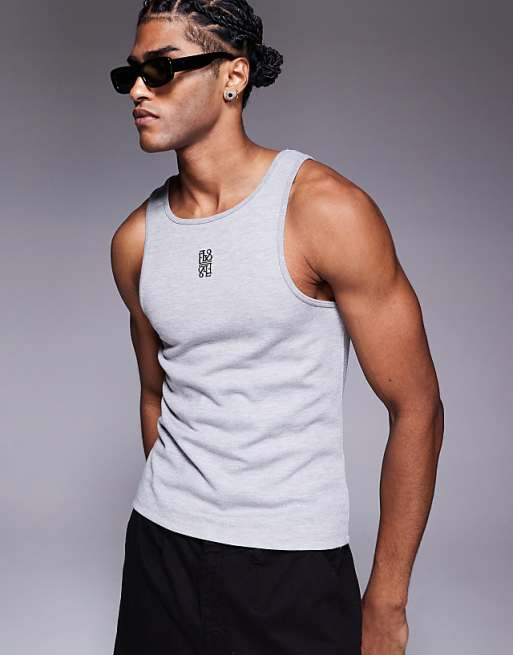 ASOS DESIGN super heavyweight muscle fit high scoop vestgrey marl with chest logo embroidery