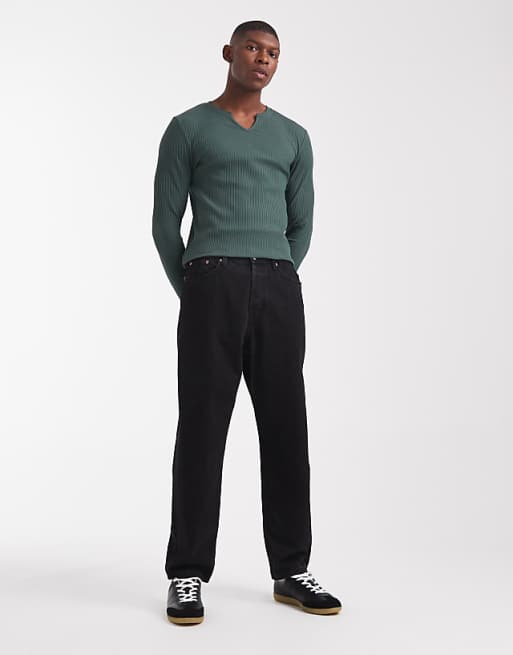 ASOS DESIGN Super Heavyweight Muscle Fit Long Sleeve T-shirt With Notch Neck In Dark Green Rib