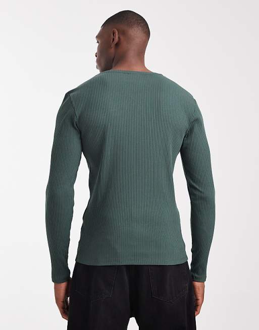 ASOS DESIGN Super Heavyweight Muscle Fit Long Sleeve T-shirt With Notch Neck In Dark Green Rib