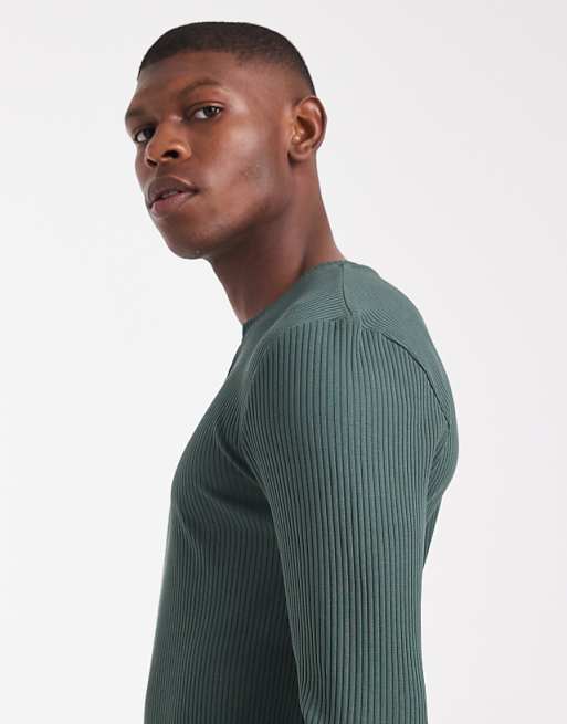ASOS DESIGN Super Heavyweight Muscle Fit Long Sleeve T-shirt With Notch Neck In Dark Green Rib