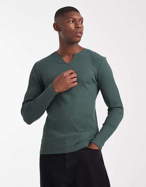ASOS DESIGN super heavyweight muscle fit long sleeve t-shirt with notch neck in dark green rib