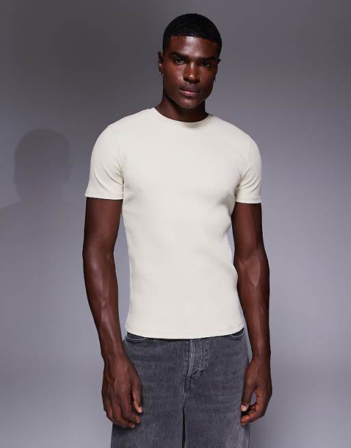 ASOS DESIGN super heavyweight muscle fit t-shirt in beige rib