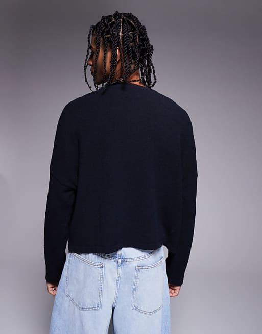 ASOS DESIGN Super Oversized Cropped Lightweight Jumper In Knitted Navy Boucle - NAVY