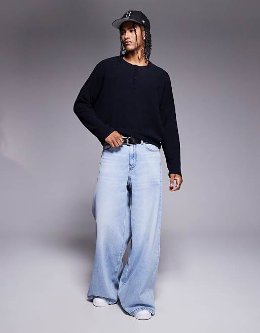 ASOS DESIGN super oversized cropped lightweight jumper in knitted navy boucle - NAVY