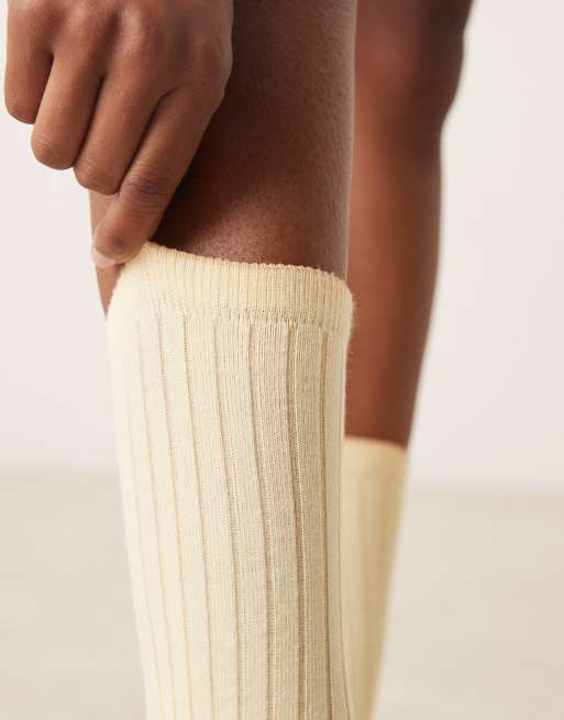 ASOS DESIGN Super Soft Cotton Ribbed Socks In Butter Yellow With Pink Trim