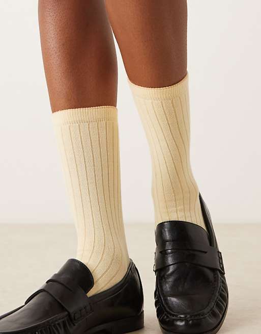 ASOS DESIGN super soft cotton ribbed socks in butter yellow with pink trim