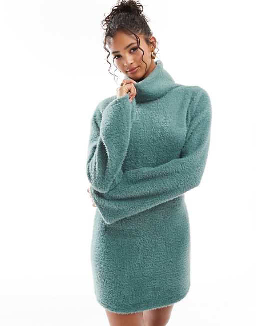 ASOS DESIGN Supersoft Fluffy Roll Neck Mini Jumper Dress In Green
