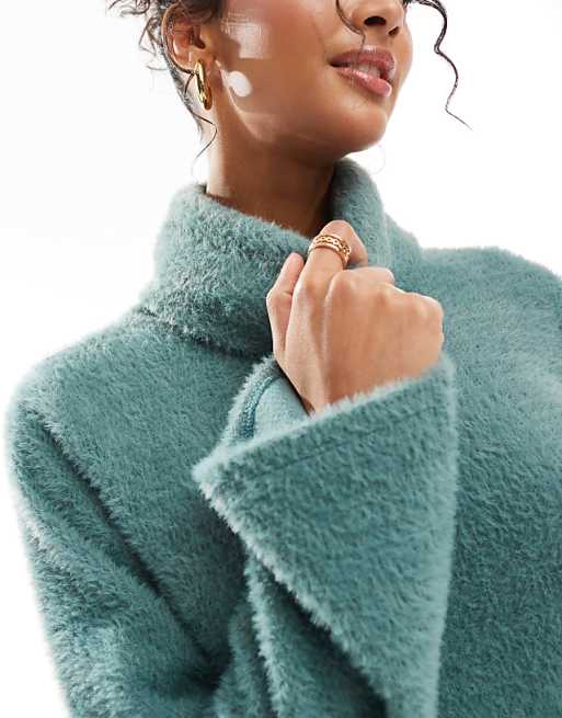 ASOS DESIGN Supersoft Fluffy Roll Neck Mini Jumper Dress In Green