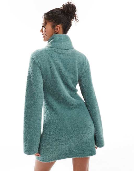 ASOS DESIGN Supersoft Fluffy Roll Neck Mini Jumper Dress In Green