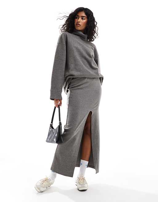 ASOS DESIGN supersoft split front maxi skirt in charcoal marl