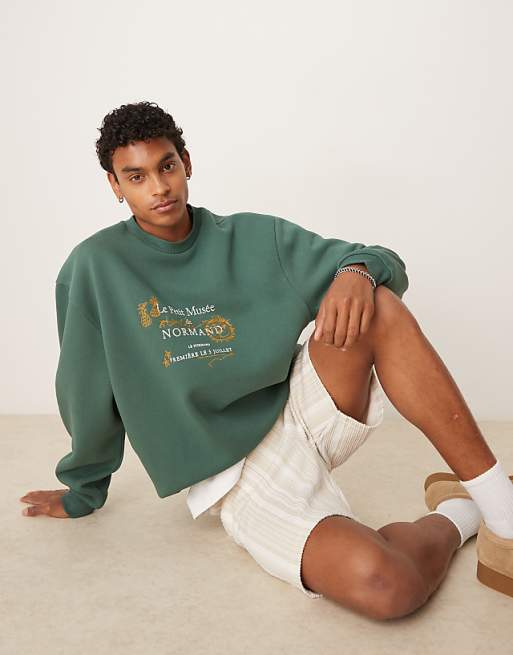 ASOS DESIGN sweatshirt with embroidery and print chest in green