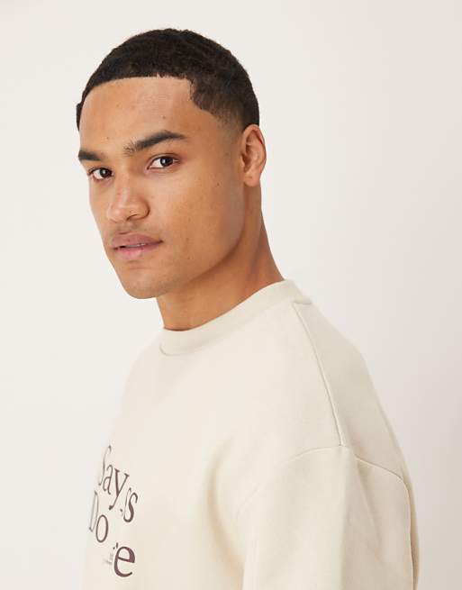 ASOS DESIGN Sweatshirt With Text Print In Beige