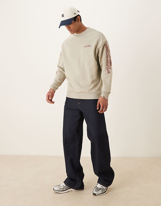 ASOS DESIGN Sweatshirt With Text Sleeve Prints In Stone