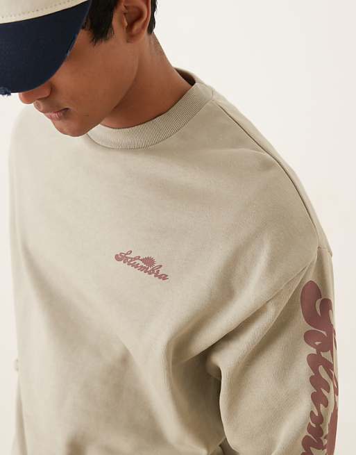ASOS DESIGN Sweatshirt With Text Sleeve Prints In Stone