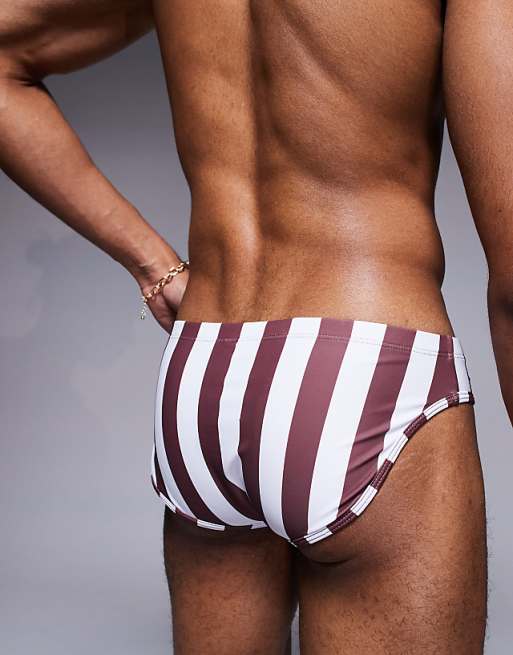 ASOS DESIGN Swim Brief In Burgundy And White Stripe