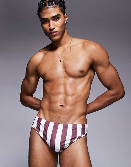 ASOS DESIGN swim brief in burgundy and white stripe