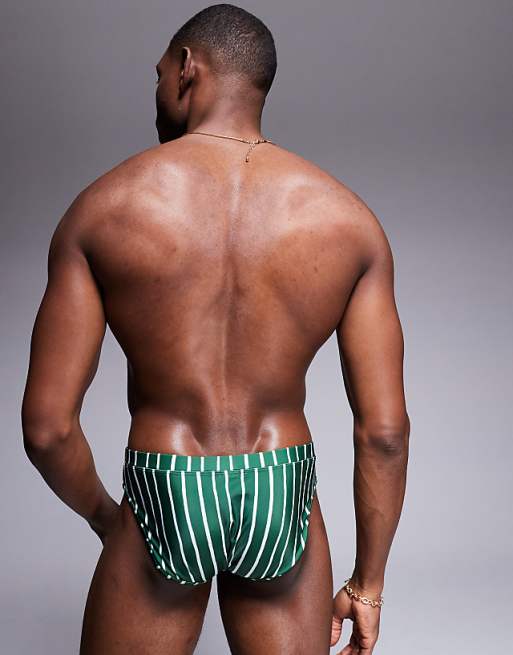ASOS DESIGN Swim Briefs In Green And White Stripe