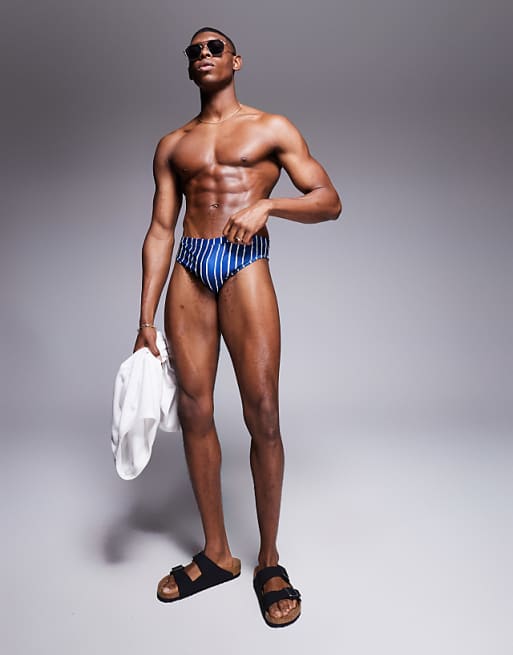 ASOS DESIGN Swim Briefs In Navy And White Stripe