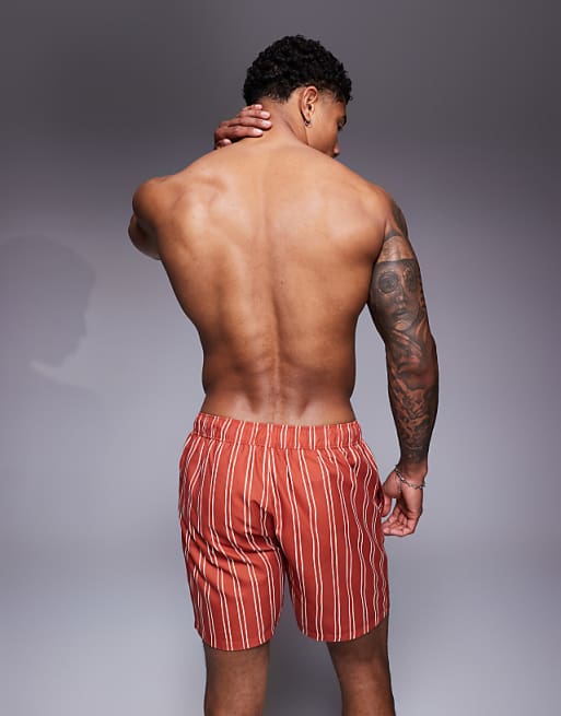 ASOS DESIGN Swim Short In Mid Length In Orange Stripe