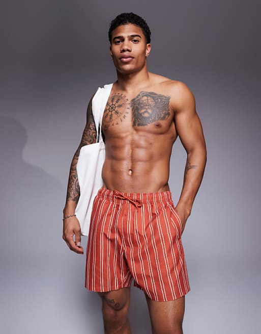 ASOS DESIGN Swim Short In Mid Length In Orange Stripe