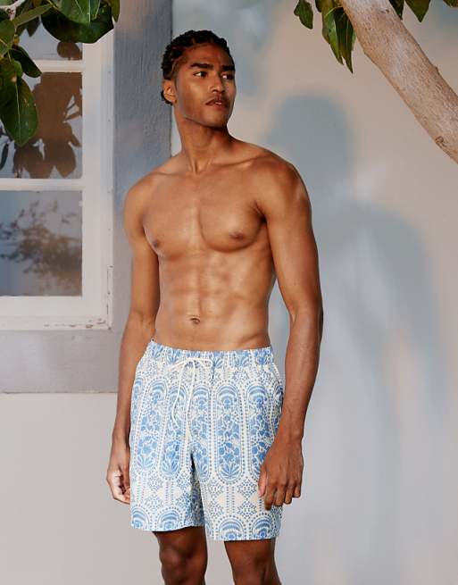 ASOS DESIGN Swim Short In Mid Length With Ornate Floral In Blue