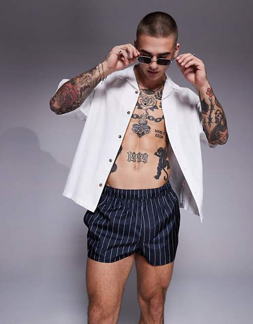 ASOS DESIGN swim short in super short length in navy and white pin stripe