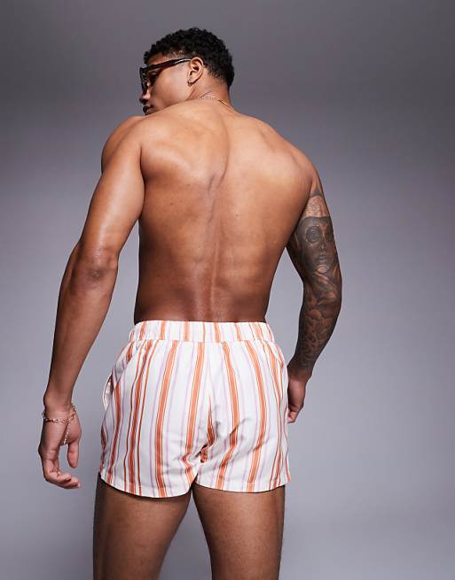 ASOS DESIGN Swim Short In Super Short Length In White And Orange Stripe