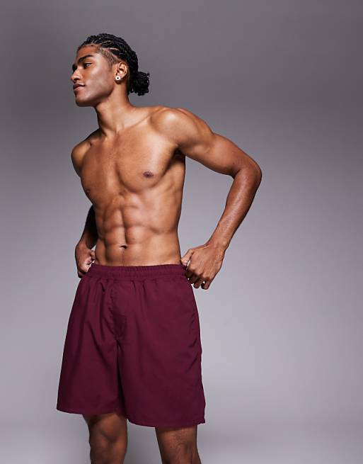 ASOS DESIGN Swim Shorts In Long Length In Burgundy