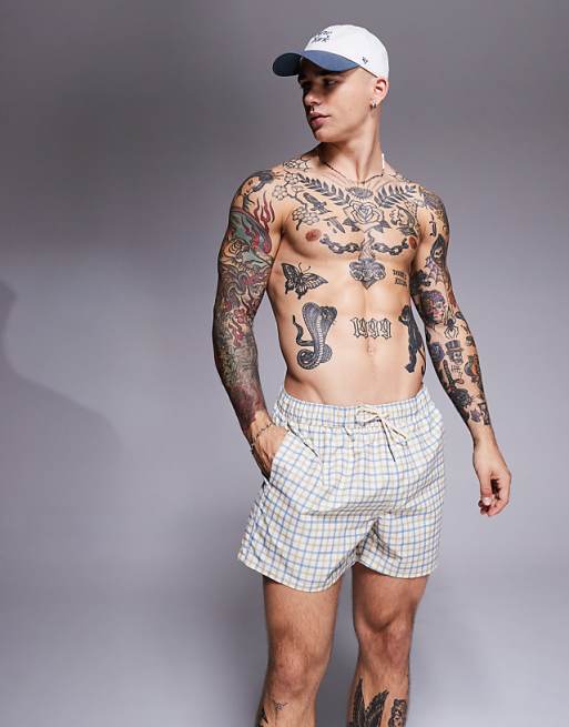 ASOS DESIGN swim shorts in mid length in blue check