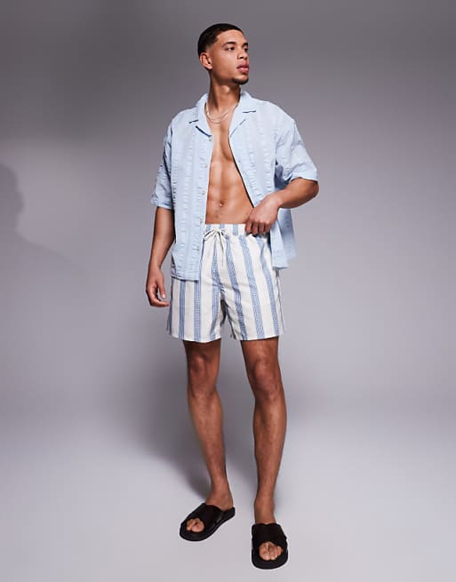 ASOS DESIGN Swim Shorts In Mid Length In Blue Stripe