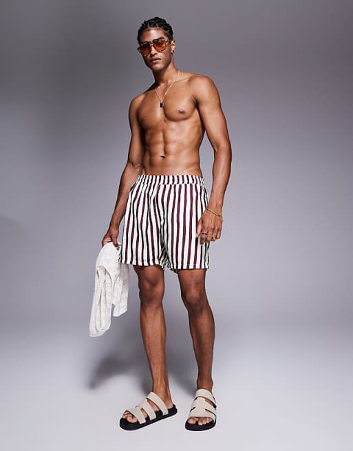 ASOS DESIGN Swim Shorts In Mid Length In Burgundy Stripe