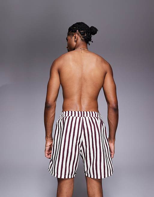 ASOS DESIGN Swim Shorts In Mid Length In Burgundy Stripe